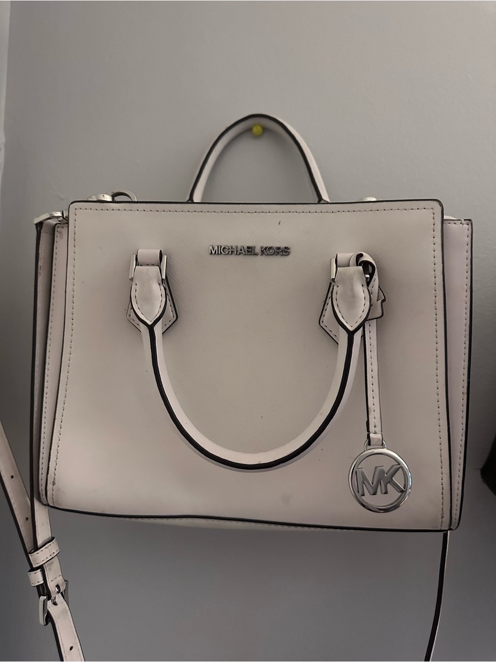 Michael Kors Cream Saffiano Satchel with Silver MK Charm